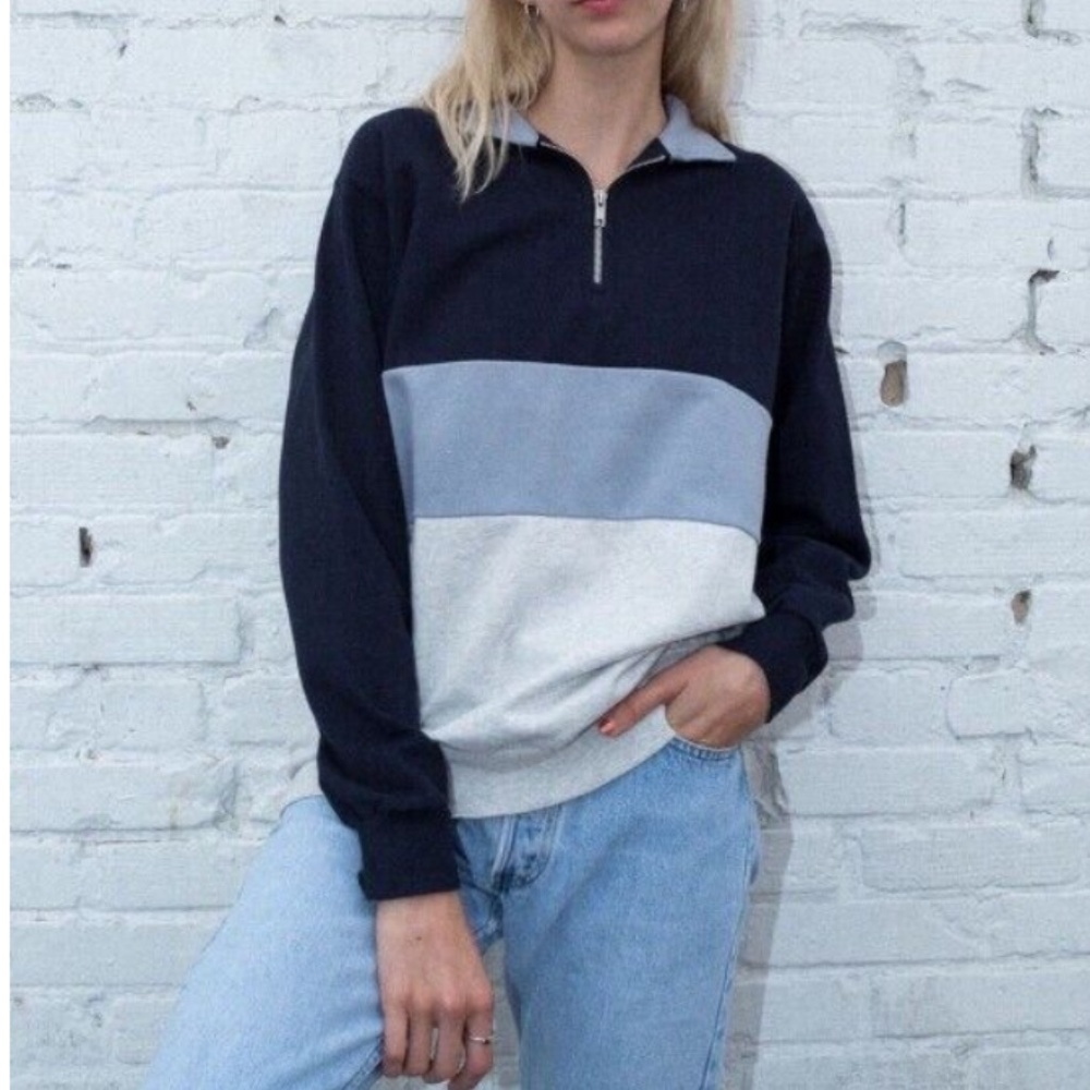 Brandy Melville SOFT PLUSH Fleece Striped Blue collared Isabella sweatshirt